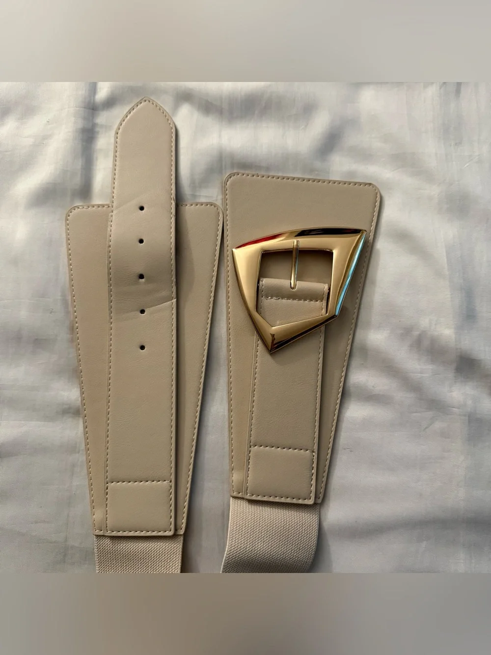 Beige wide PU leather elastic waistband belt with gold tone buckle